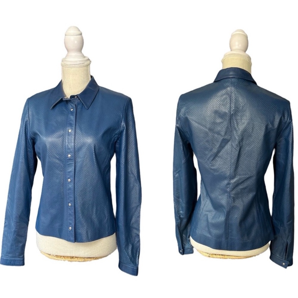Worth Blue Perforated Leather Button-Down Shirt